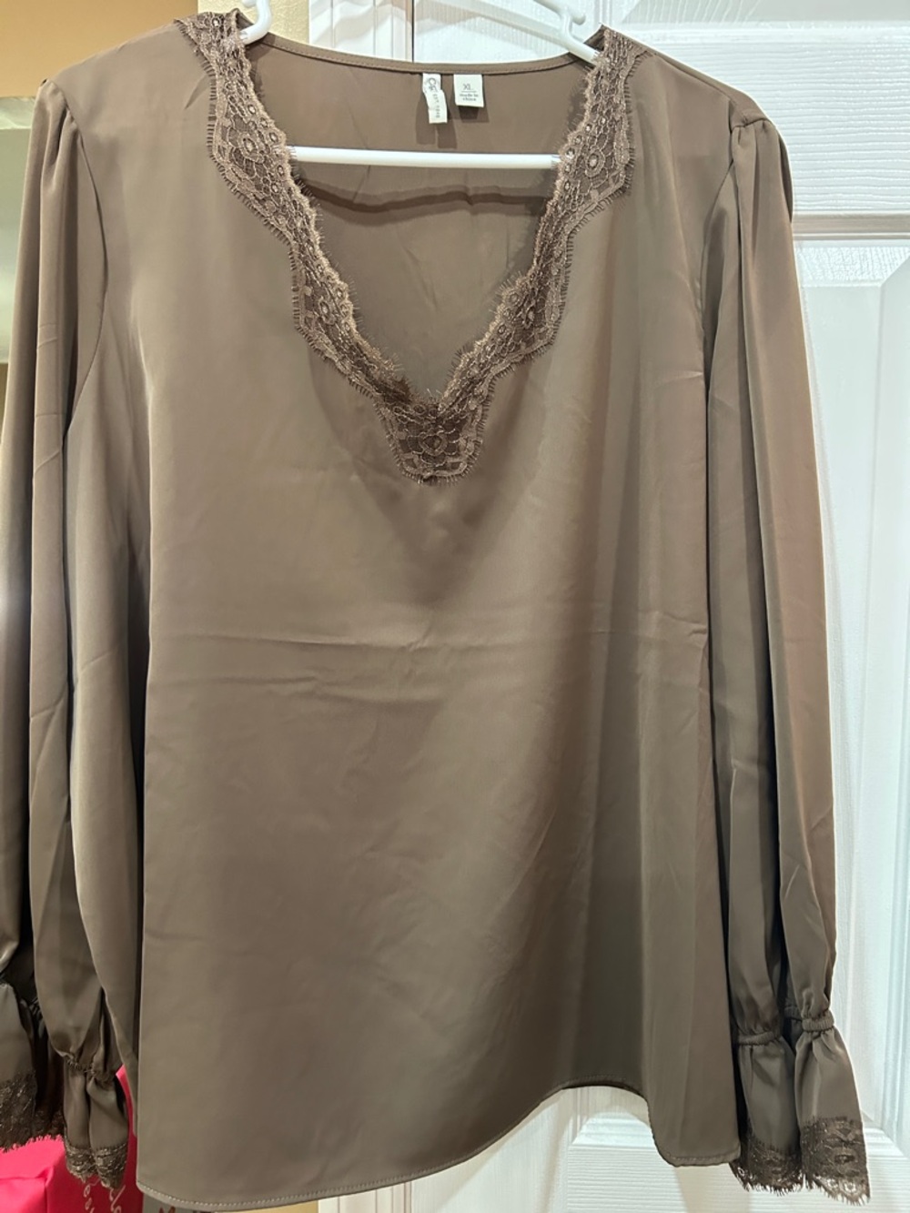 Cato Taupe Lace-Trim V-Neck Blouse